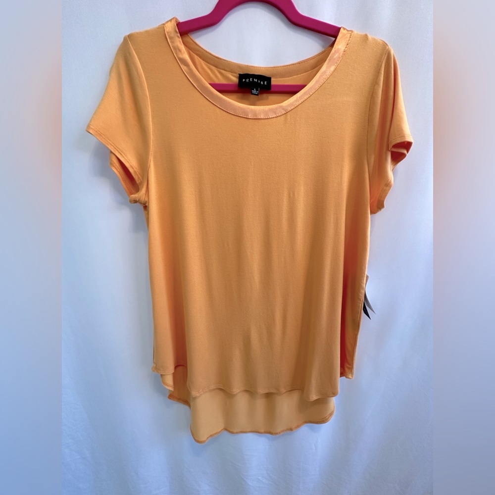 Premise Orange Hi-Lo Short Sleeve Tunic Tee with Satin Trim Neck Detail- NWT L
